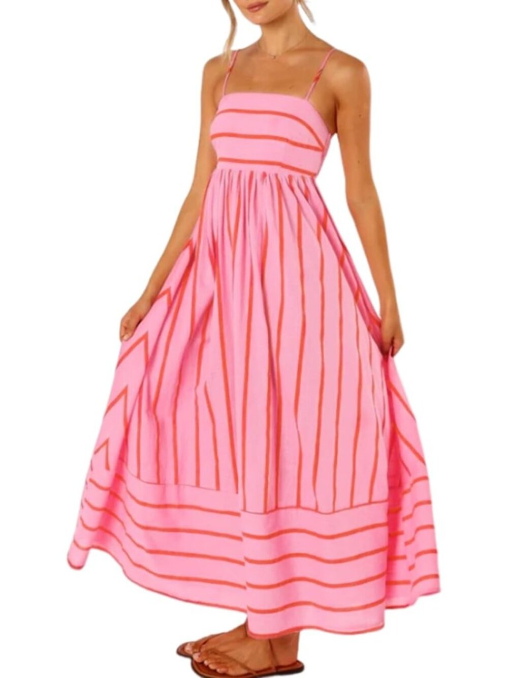 Women's Pink Summer Maxi Spaghetti Strap Striped Long Dresses Vacation Beach